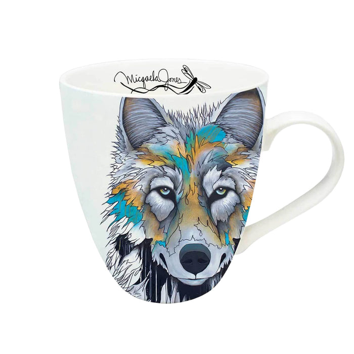 Mug with a colorful wolf design on a white background