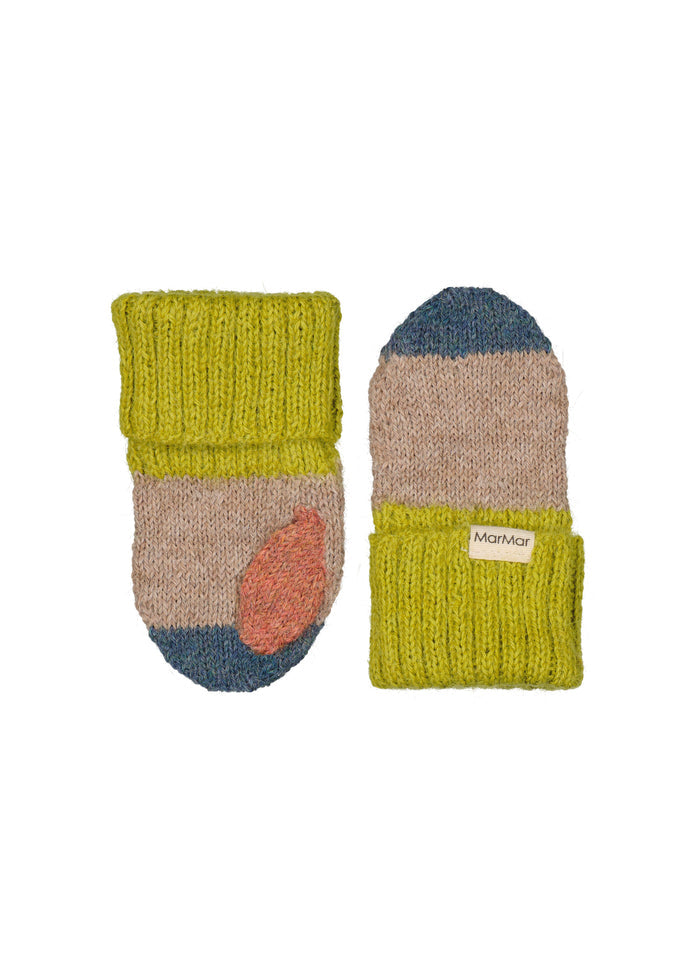 Wool mittens for children in beige with green rib, orange detail and blue tip