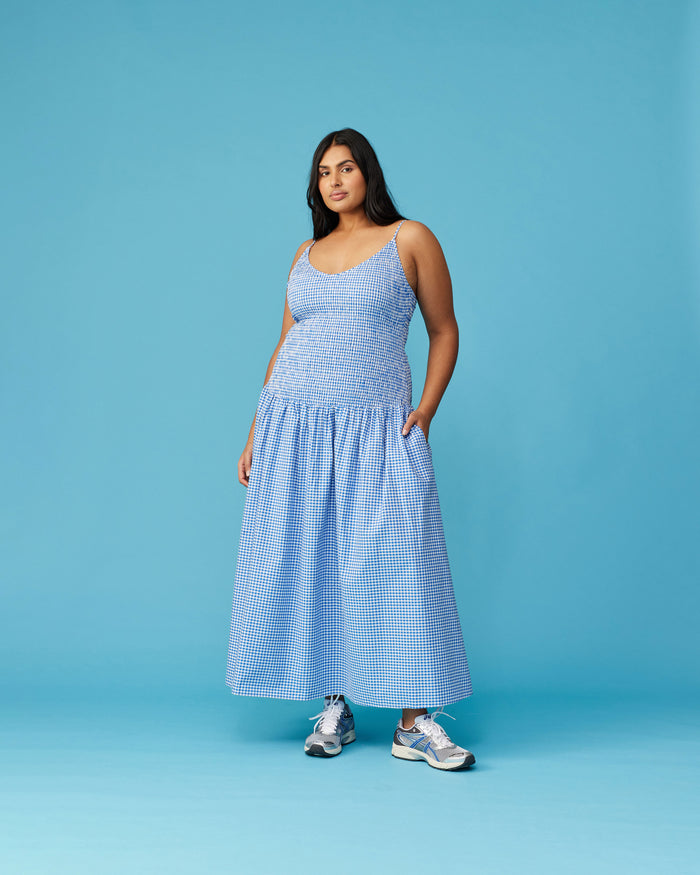 APPLE SHIRRED DRESS COBALT GINGHAM