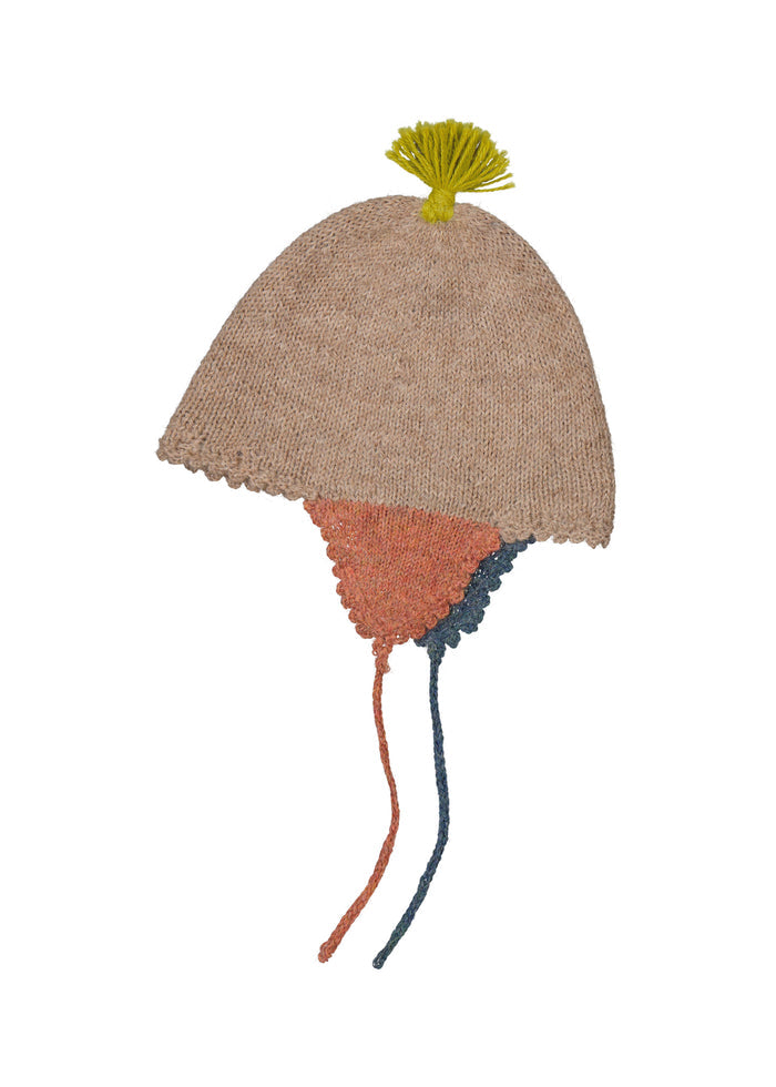 Woolen hat for baby in beige with green tassel and tie