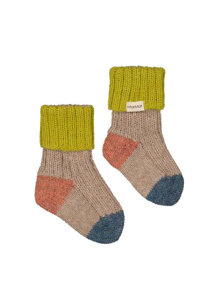 Wool Knit Socks for children in beige with green rib, orange heel and blue toe