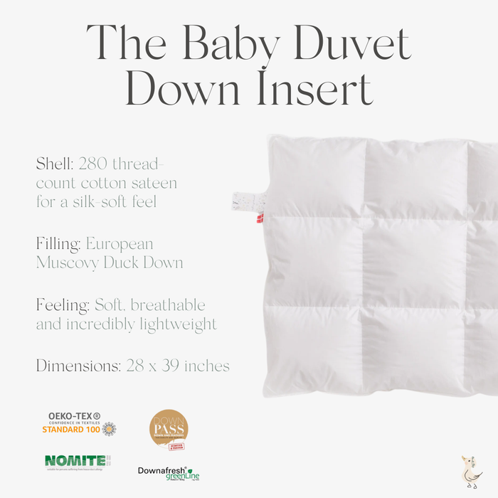 Baby duvet down insert with product details on a white background