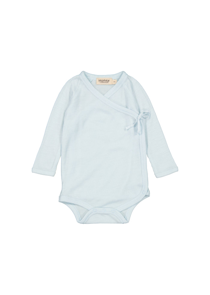 Light blue wrap bodysuit for baby in merino wool