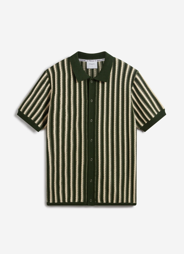 The Percival Collins micro cable knitted shirt in forest green and cream stripes, shot flat on a white background.