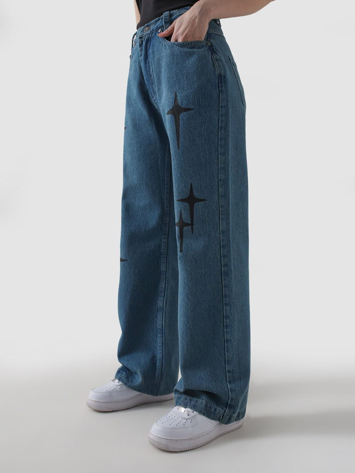 Cross star blue denim detail closeup cross print hardware Pakistan – GROOVY