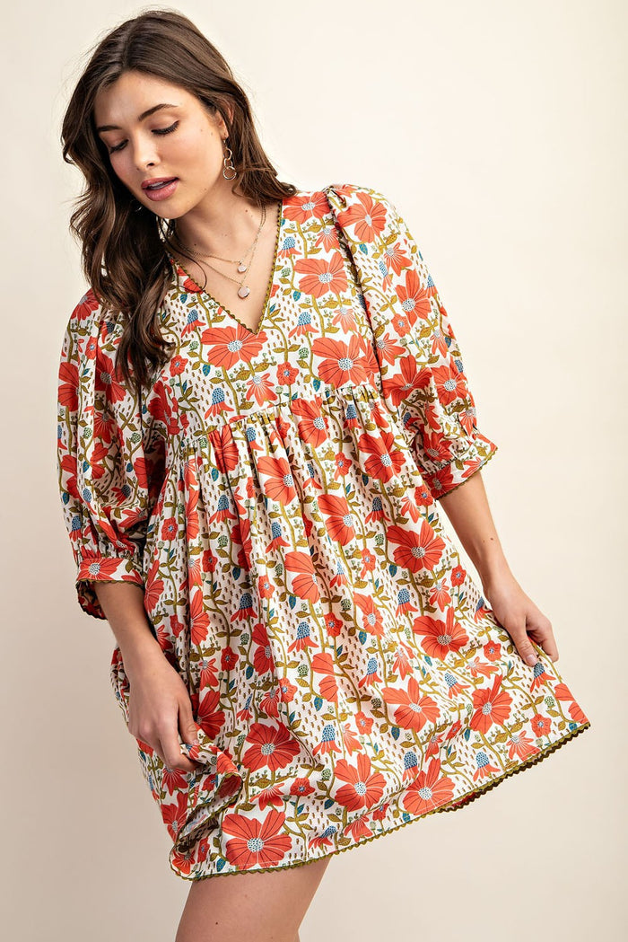 red floral dress with ric rac trim