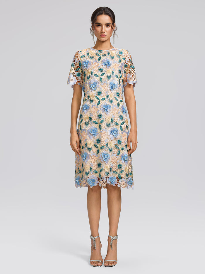 Guipure Lace Floral Leaf-Embellished Dress