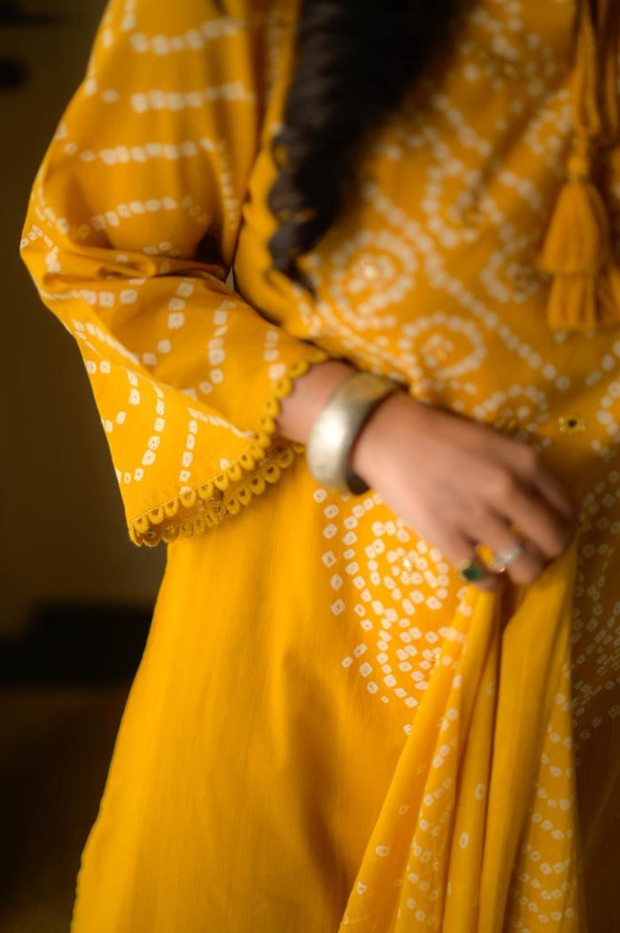 Gulzar Premium Bandhej Cotton Suit- Yellow