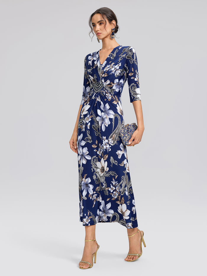 Ice-Silk Knit Beaded-Waist Floral Paisley Dress