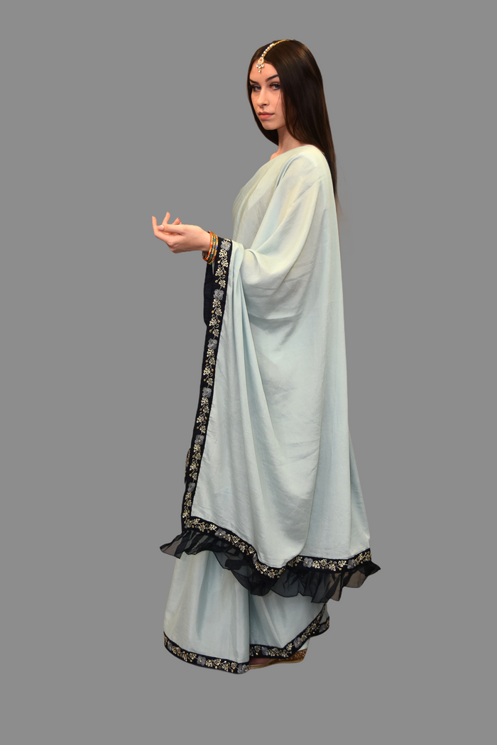 Light Sky Blue Georgette Chiffon With Contrast Navy Blue Border Saree