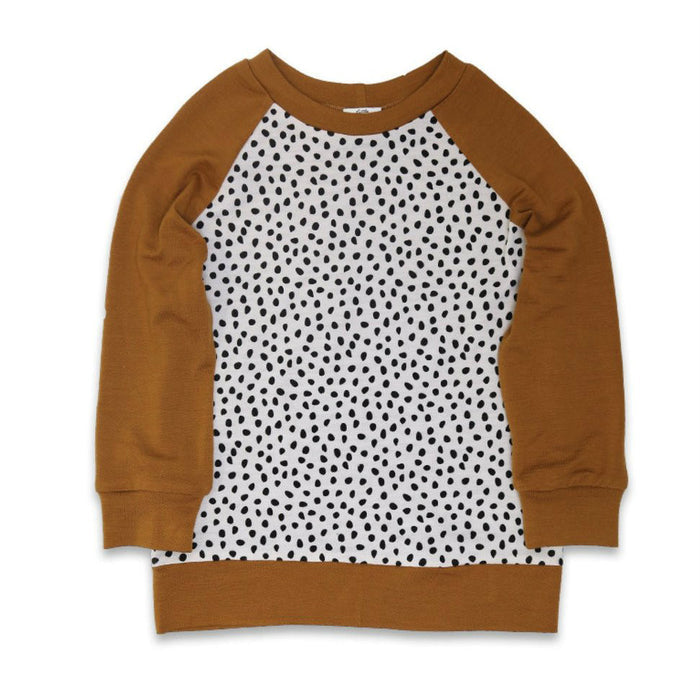 Childrens merino top. Salted caramel and pebble print colour