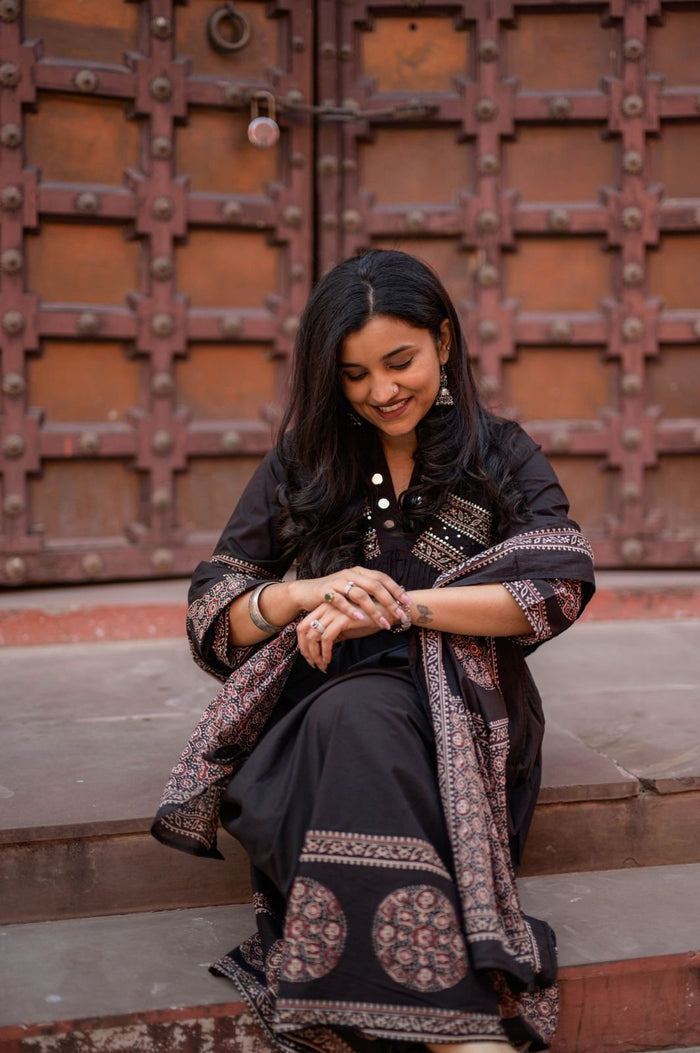Liya Flared Ajrakh Cotton Set- Black