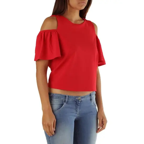 Met Elegant Women's Cold Shoulder Top with Flutter Sleeves - Red Blouses