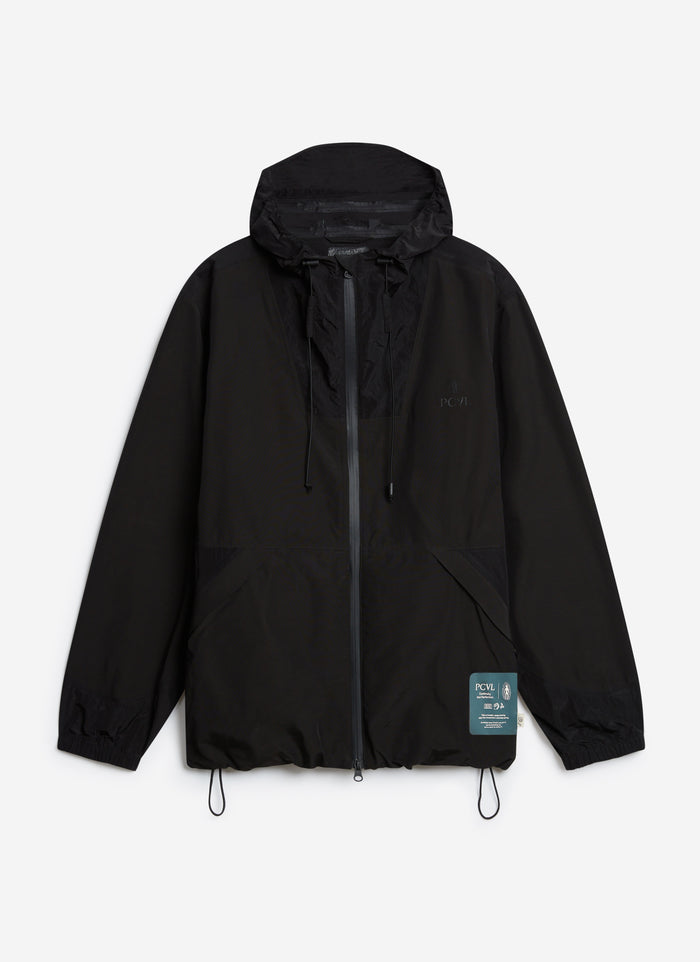 A front view of the Percival PCVL Zip Through Water Resistant Jacket in black, featuring its technical hood and zip.