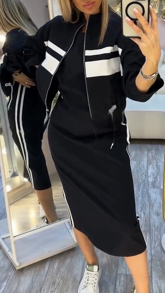 Pravella - Ensemble femme casual-chic avec robe midi à col rond et veste zippée
