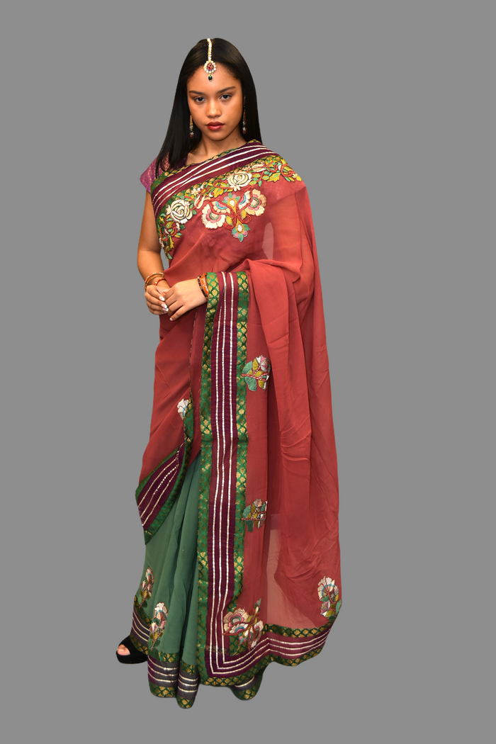 Silk Embroidered Fern Green Saree With Contrast Light Raspberry Wine Pallu