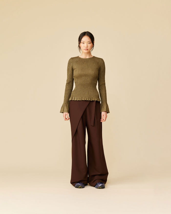 SKY SHIRRED LONG SLEEVE OLIVE