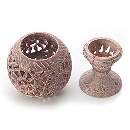 White Whale Natural Soapstone Marble Oval-Shaped Tea Light/Candle/Votive Holder/Oil Burner with Stand and Intricate Carved Foliage Mesh Work Pattern on All Sides