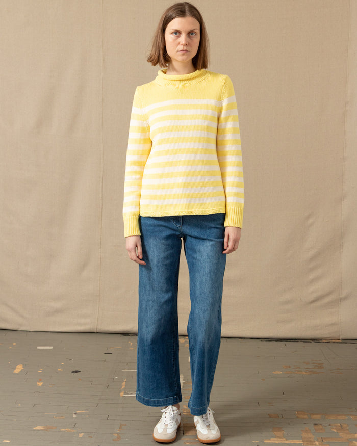 Women's Breton Stripe Fisherman's Sweater in Lemon/Egret
