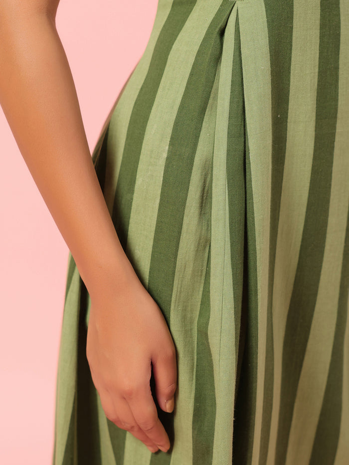 Women's Green Striped Corset Back Midi Dress