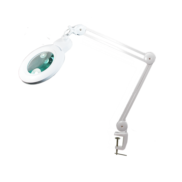 5 Diopter (2.25X) LED Magnifying Lamp with Clamp - 6-inch Glass Lens (Removable), SKU MG16304221, three quarter front view