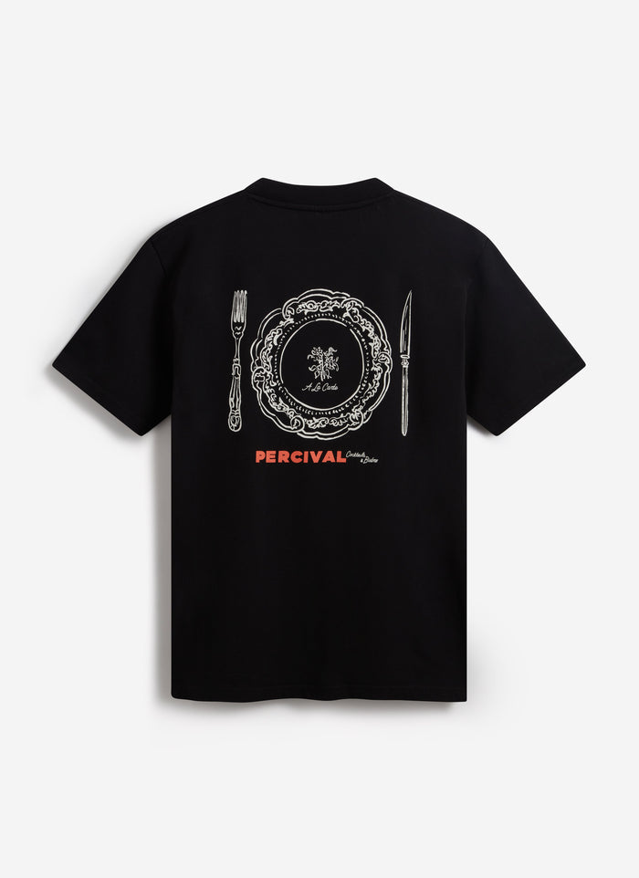 The back of the black organic cotton À La Carte t-shirt from Percival, showing the dinner setting graphic.