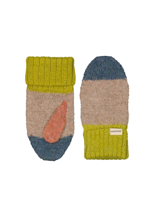 Wool mittens for children in beige with green rib, orange detail and blue tip