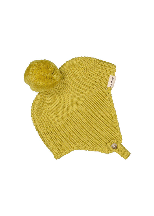 Aly Pompom strikhue i sennepsgul strik med stor pompom