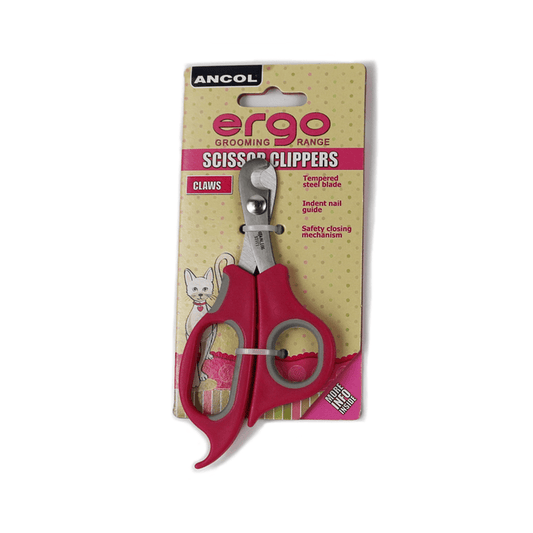 White background with a pink and grey handled, steel Ergo Cat Scissor Clippers, attached to a cardboard backing.