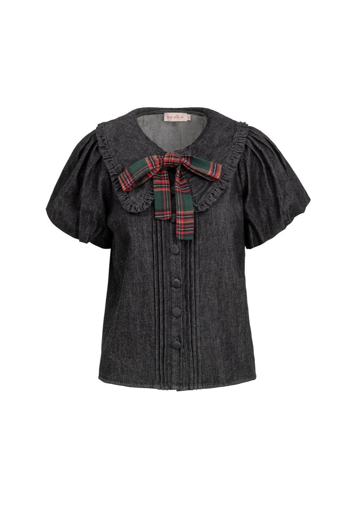 Dark gray blouse with plaid bow on a white background