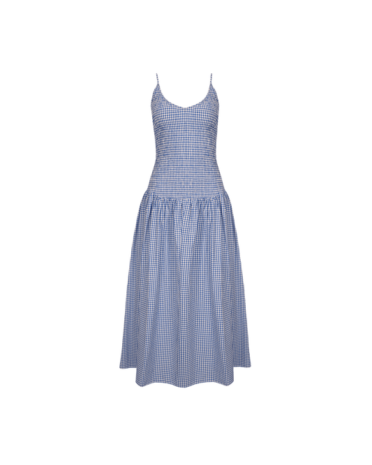 APPLE SHIRRED DRESS COBALT GINGHAM
