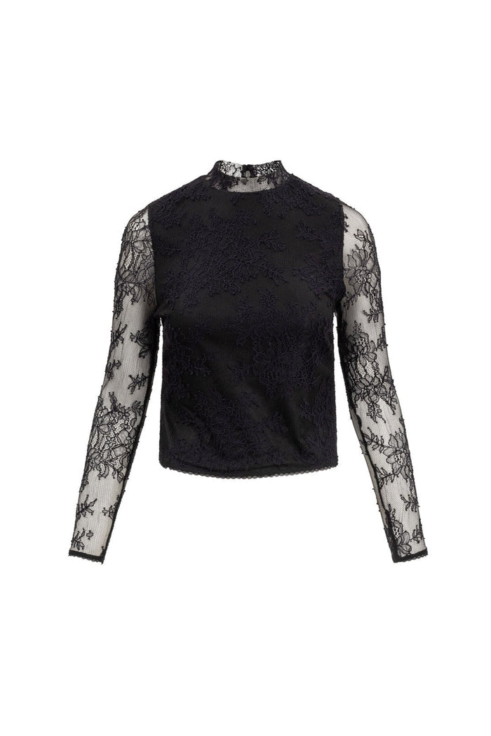 Black long-sleeve top with lace detailing on a white background
