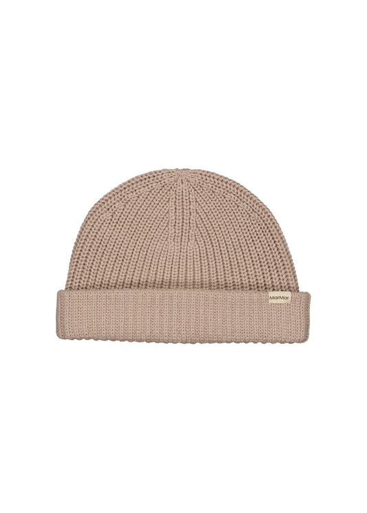 beige, knitted children's hat with turn-up