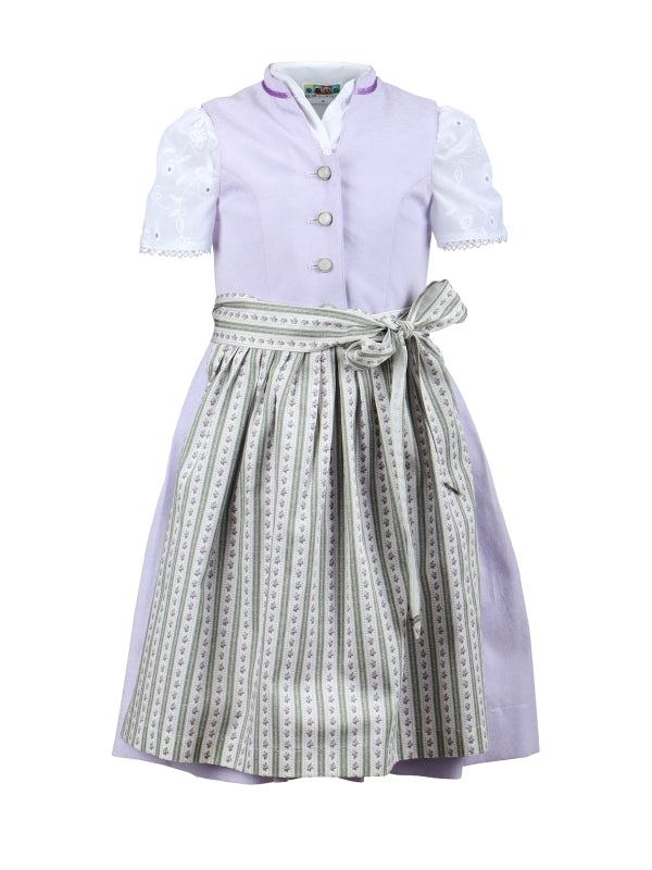 Girls purple dirndl set with blouse and striped apron.
