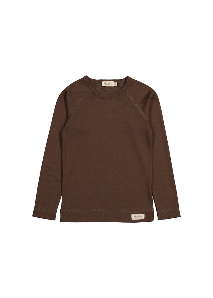 Brun langærmet T-shirt til børn med rund hals og glat forside