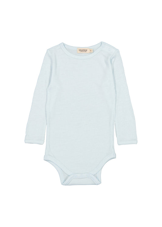 Light blue long-sleeved bodysuit for baby in merino wool