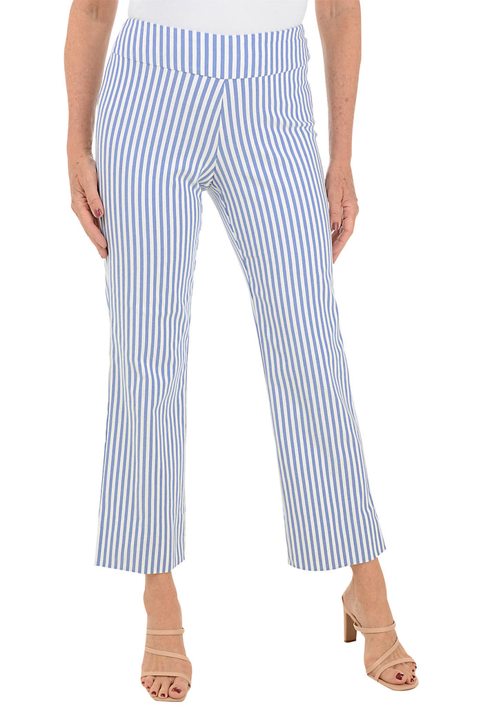 A front shot of a model wearing a pair of blue and white striped flared ankle pants with an elastic waistband, flat front and back, and side slits on the hemline.