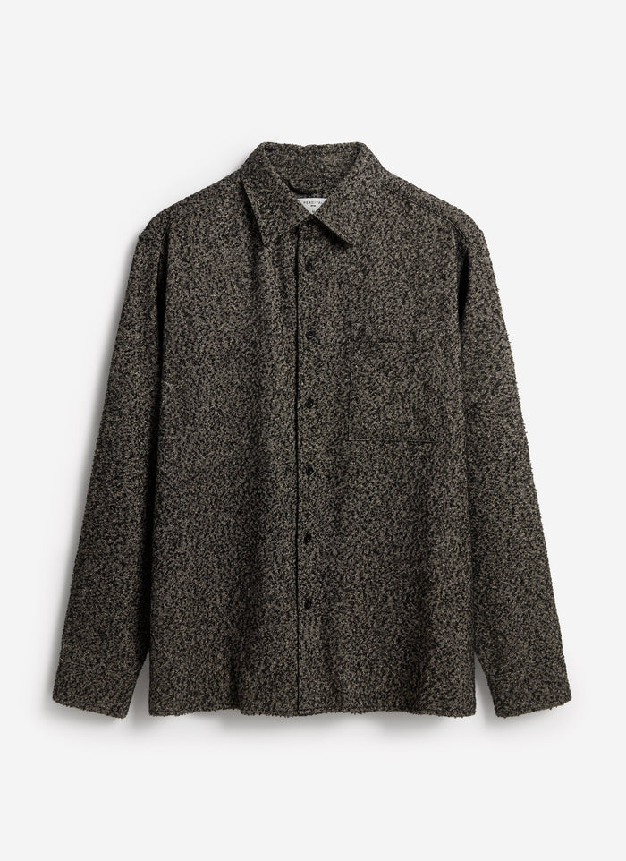 The Percival Blyton Long Sleeve Shirt in grey nep fabric, laid flat against a white studio background.