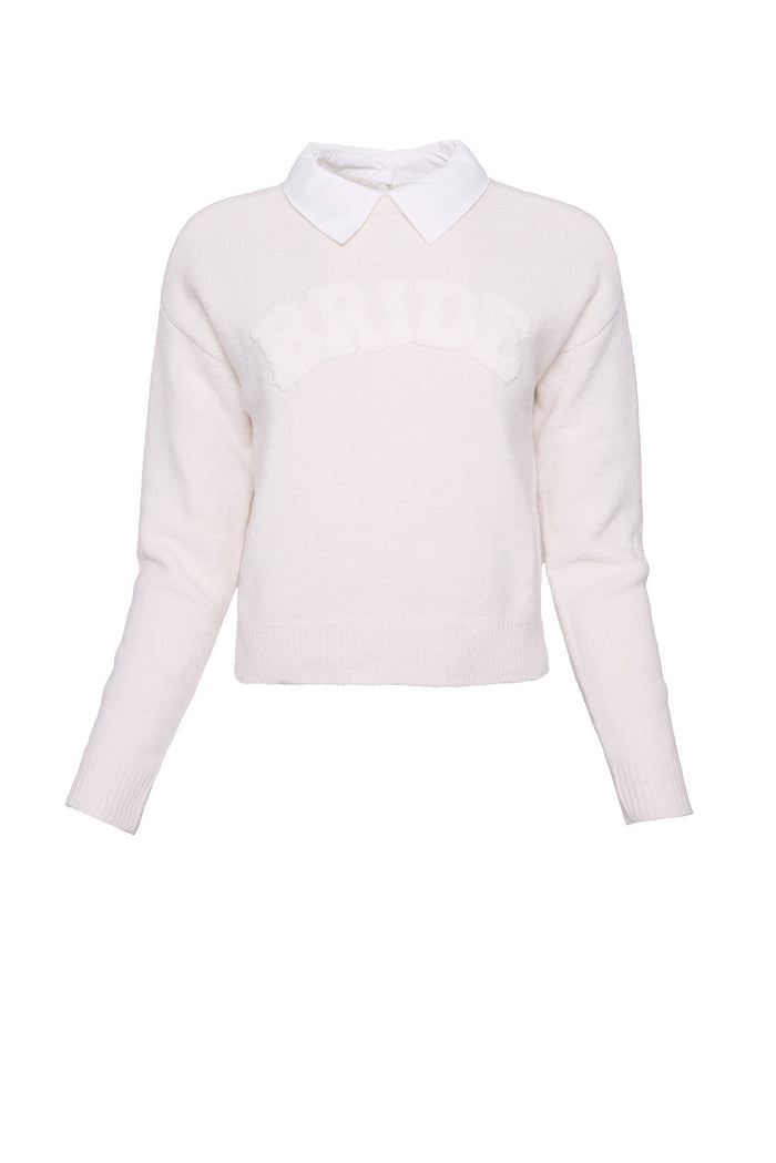 white collared sweatshirt with the word bride on the bodice against a white background
