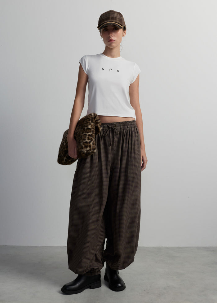 BROWN CHECKED BALLOON DRAWSTRING PANTS