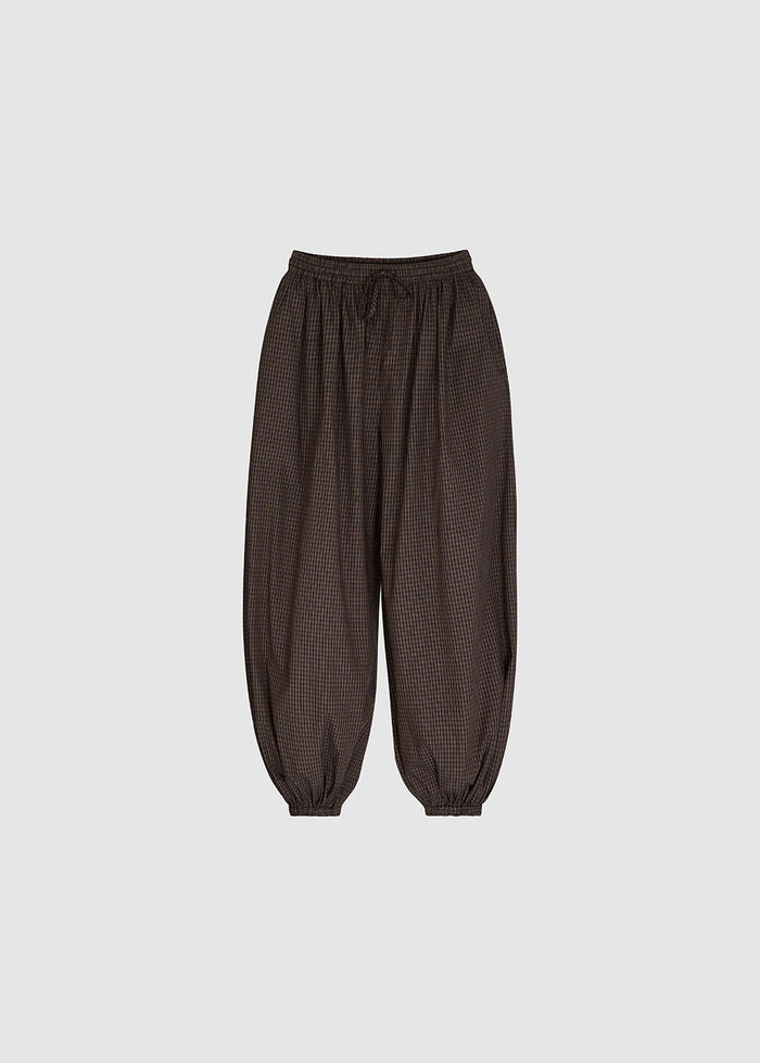 BROWN CHECKED BALLOON DRAWSTRING PANTS