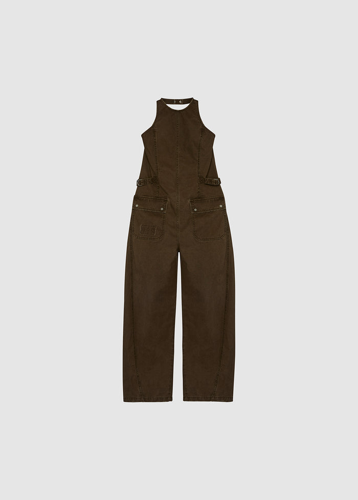 BROWN HALTER JUMPSUIT
