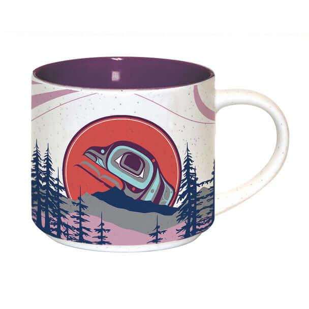 Ceramic mug The Light Keeper with Indigenous artwork in purple and red tones