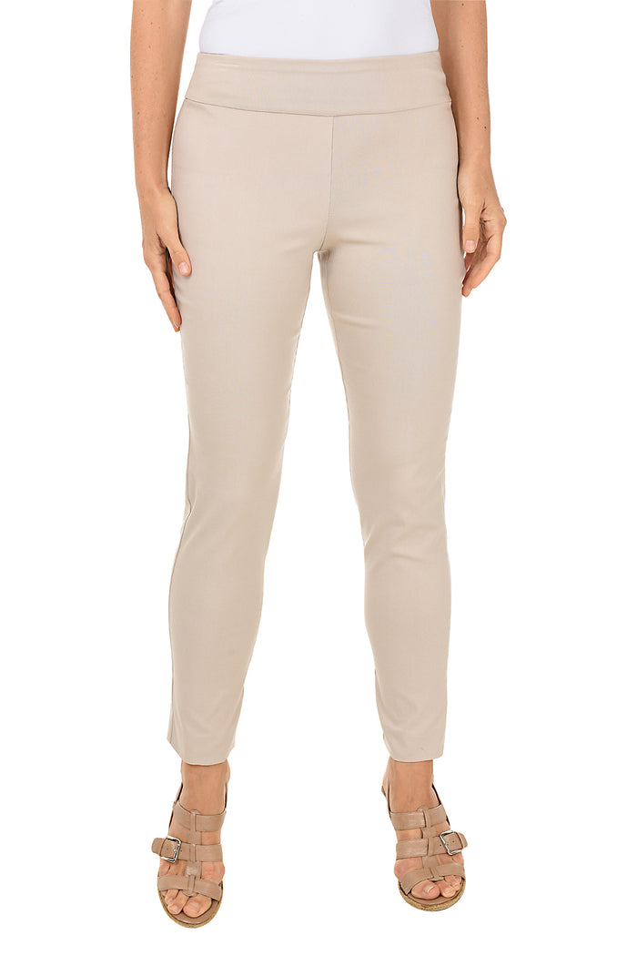A front shot of a model wearing a pair of stone classic pull-on ankle pants with a straight leg cut, displayed in a neutral shade.
