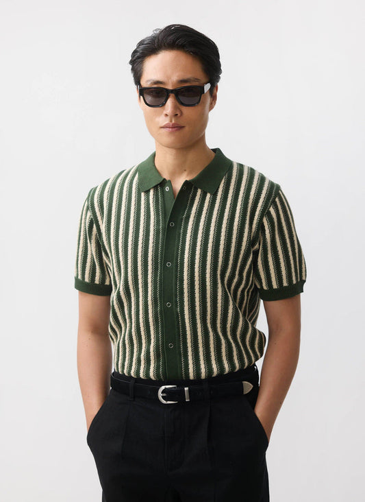 A close-up detail shot of the Percival Collins Micro Cable Knitted Shirt in green, showing the intricate fabric texture.