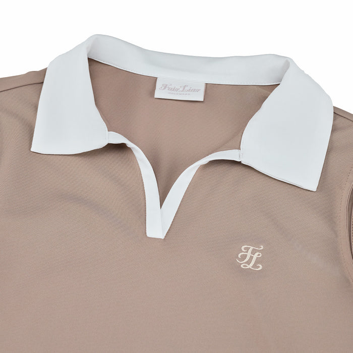 Contrast Collar Open-neck Sleeveless T-Shirt (Cocoa)