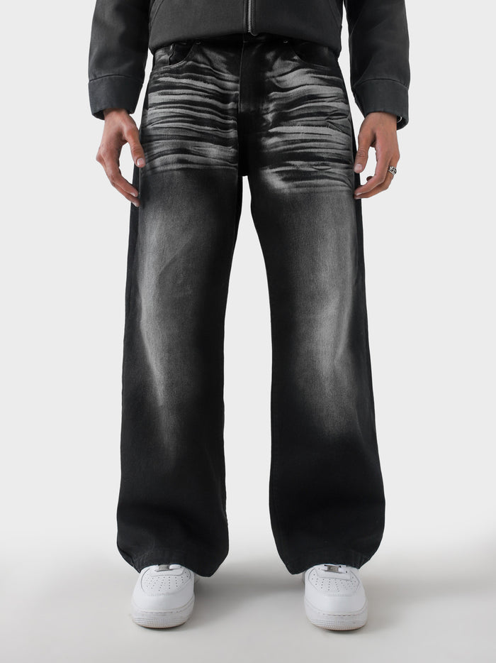 CORE denim washed black baggy jeans female model back view streetwear Pakistan – GROOVY