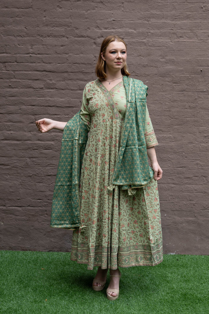Cotton Block Printed Light Olive Green Gown