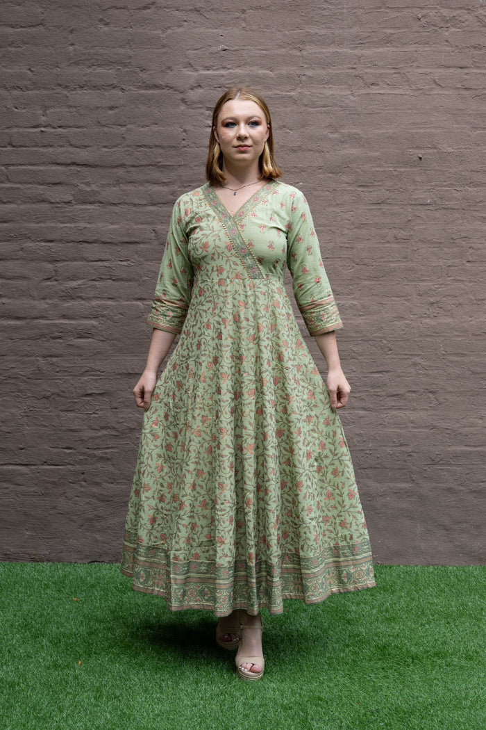 Cotton Block Printed Light Olive Green Gown
