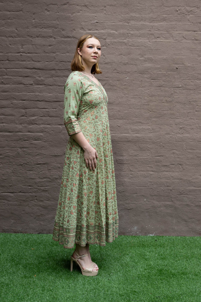 Cotton Block Printed Light Olive Green Gown